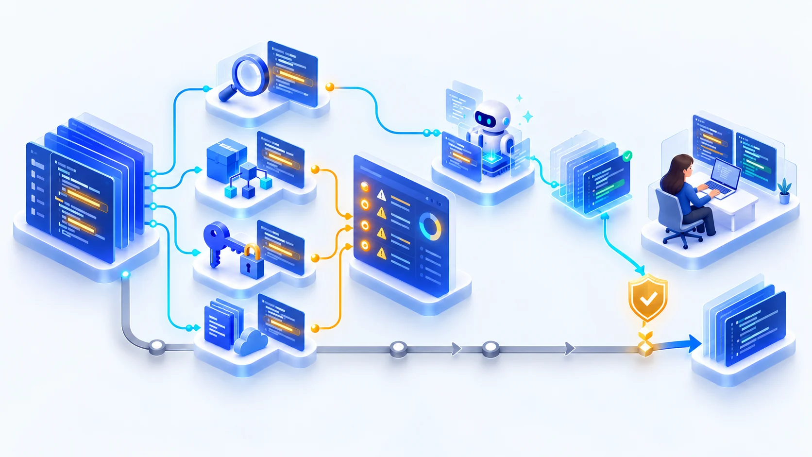 Illustration: a code repository scanned by four checks — static analysis, dependencies, secrets and infrastructure files. Static-analysis findings go to AI Code Fix, which puts corrected files on a separate branch that a developer reviews before merging; the other findings go to a findings board.