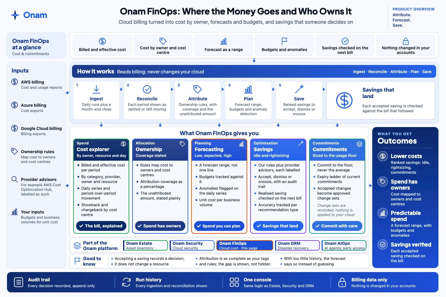 Onam FinOps one-page overview: inputs, how it works, what you get, outcomes and limits.