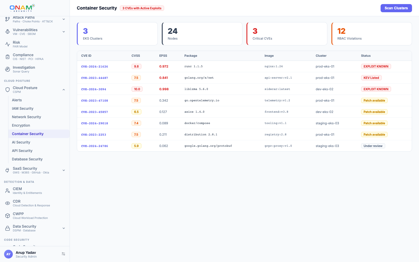 The container security view in the Onam console (demo account)