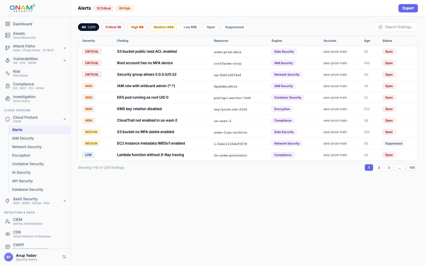 The findings view in the Onam console (demo account)