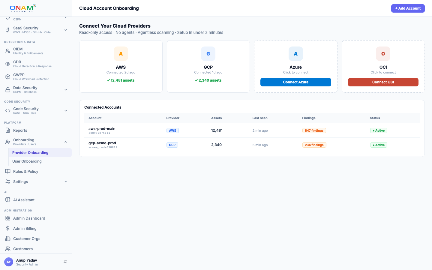 The onboarding flow in the Onam console (demo account)